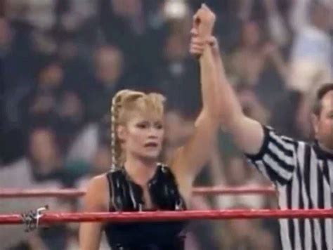 Sable rips off Jacqueline’s top live on pay per view. (WWF